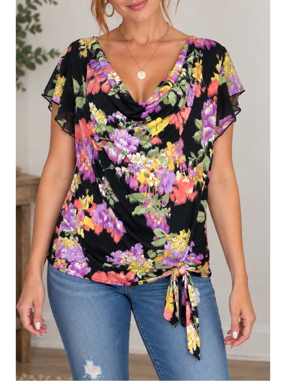 Passports Brand Black Floral Cowl Neck Blouse – Size Medium